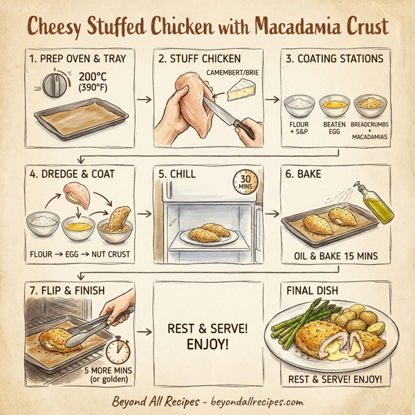 Cheesy Stuffed Chicken with Macadamia Crust instructions
