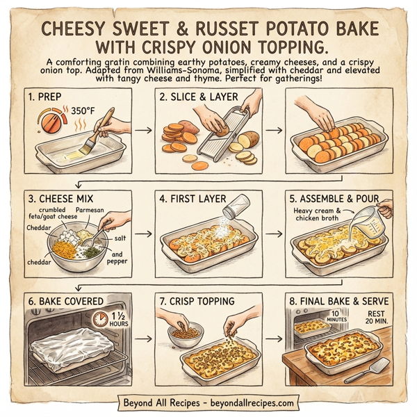 Cheesy Sweet & Russet Potato Bake with Crispy Onion Topping instructions