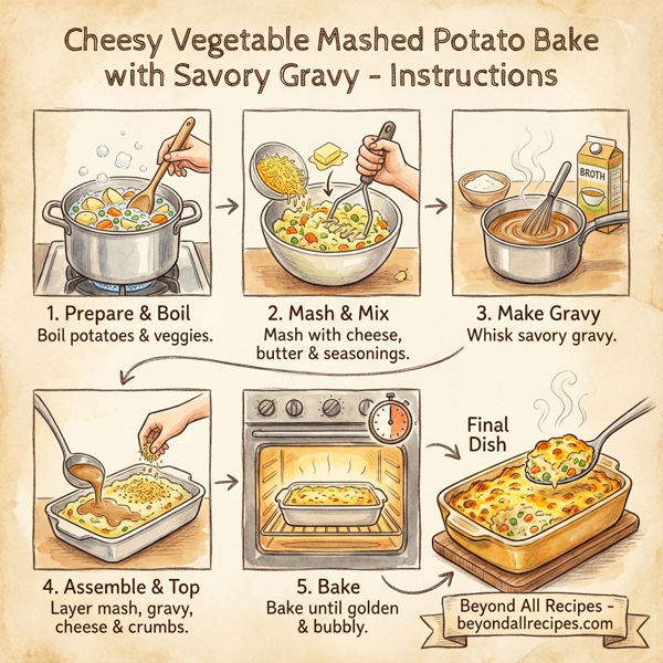 Cheesy Vegetable Mashed Potato Bake with Savory Gravy instructions