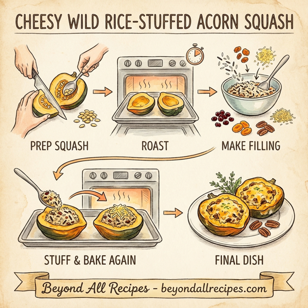 Cheesy Wild Rice-Stuffed Acorn Squash with Dried Fruits and Pecans instructions