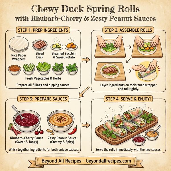 Chewy Duck Spring Rolls with Rhubarb-Cherry and Zesty Peanut Dipping Sauces instructions