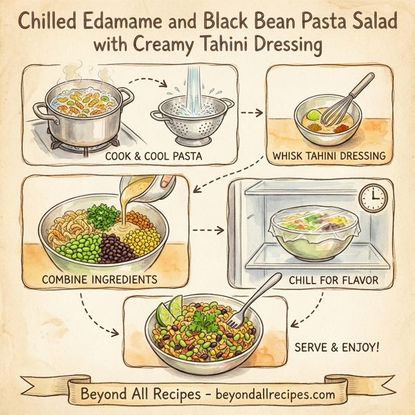 Chilled Edamame and Black Bean Pasta Salad with Creamy Tahini Dressing instructions