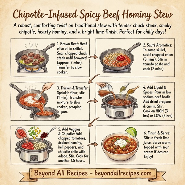 Chipotle-Infused Spicy Beef Hominy Stew instructions