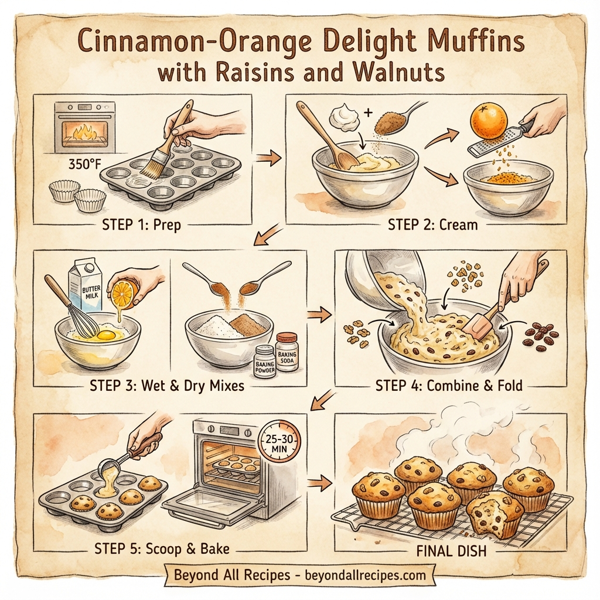 Cinnamon-Orange Delight Muffins with Raisins and Walnuts instructions