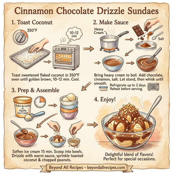 Cinnamon Chocolate Drizzle Sundaes with Toasted Coconut & Peanuts instructions