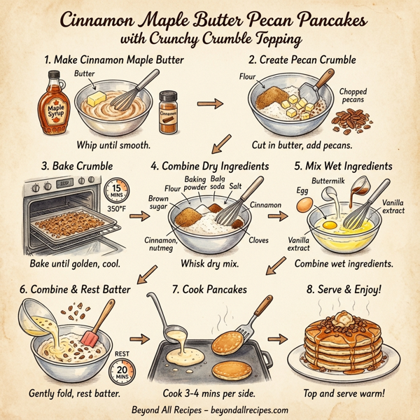 Cinnamon Maple Butter Pecan Pancakes with Crunchy Crumble Topping instructions