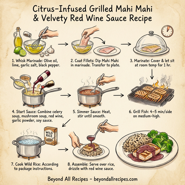 Citrus-Infused Grilled Mahi Mahi with Wild Rice and Velvety Red Wine Sauce instructions