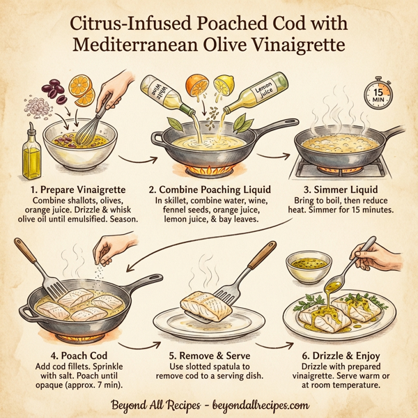 Citrus-Infused Poached Cod with Mediterranean Olive Vinaigrette instructions