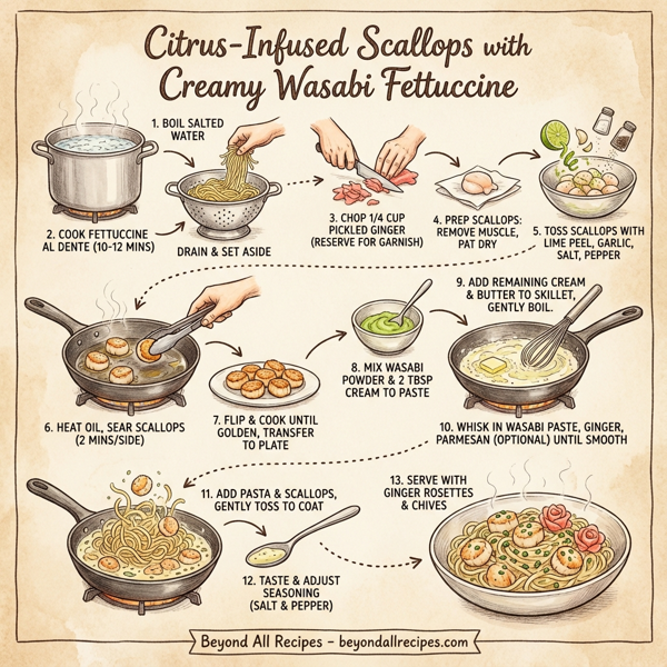 Citrus-Infused Scallops with Creamy Wasabi Fettuccine instructions