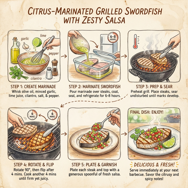 Citrus-Marinated Grilled Swordfish with Zesty Salsa instructions