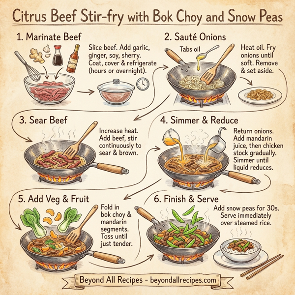 Citrus Beef Stir-fry with Bok Choy and Snow Peas instructions