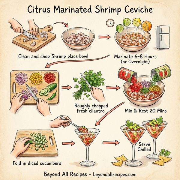 Citrus Marinated Shrimp Ceviche with Avocado and Bell Peppers instructions