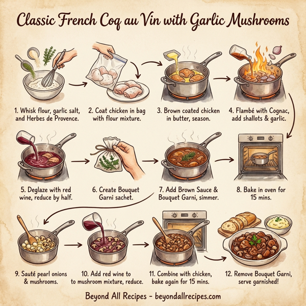 Classic French Coq au Vin with Garlic Mushrooms instructions