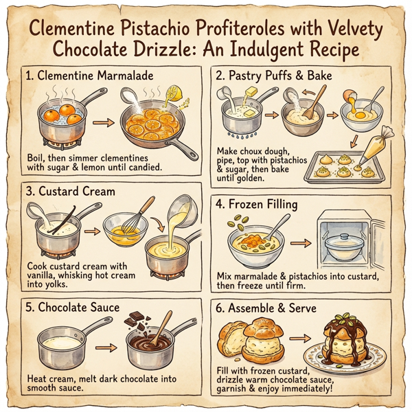 Clementine Pistachio Profiteroles with Velvety Chocolate Drizzle instructions