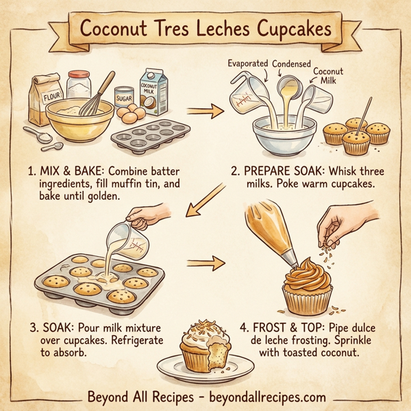 Coconut Tres Leches Cupcakes with Caramelized Dulce de Leche Frosting instructions
