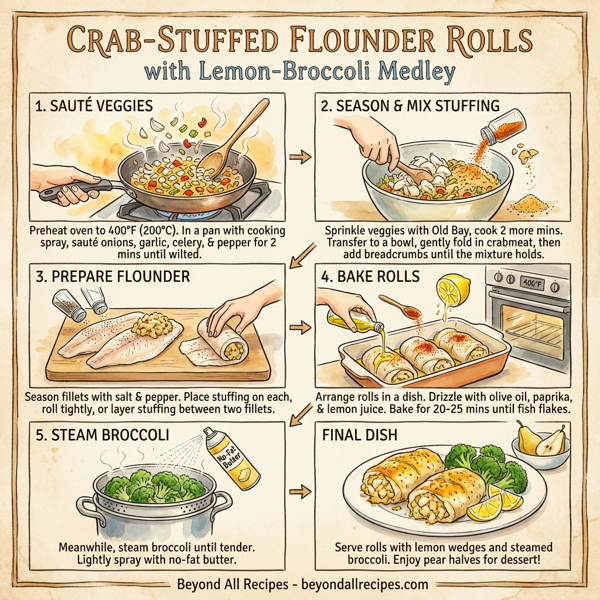 Crab-Stuffed Flounder Rolls with Lemon-Broccoli Medley instructions