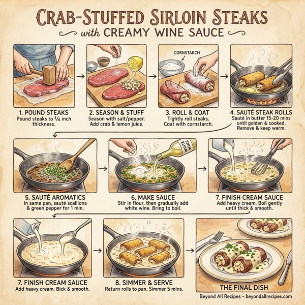 Crab-Stuffed Sirloin Steaks with Creamy Wine Sauce instructions