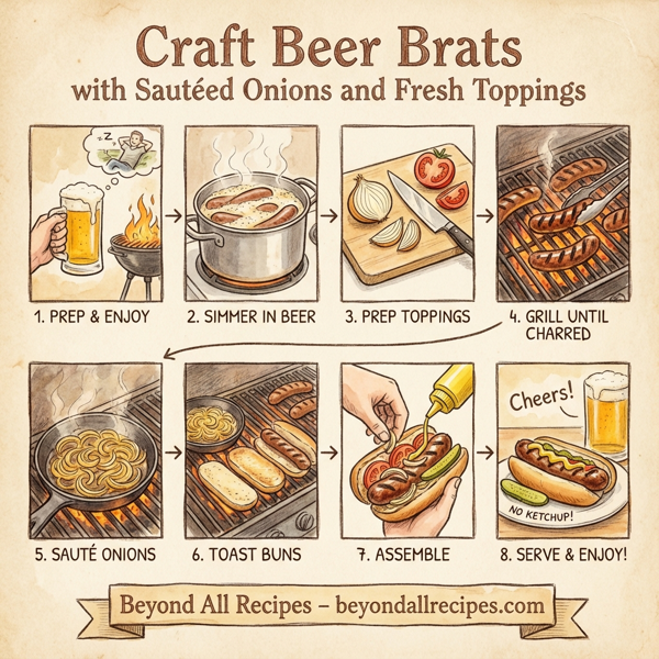 Craft Beer Brats with Sautéed Onions and Fresh Toppings instructions