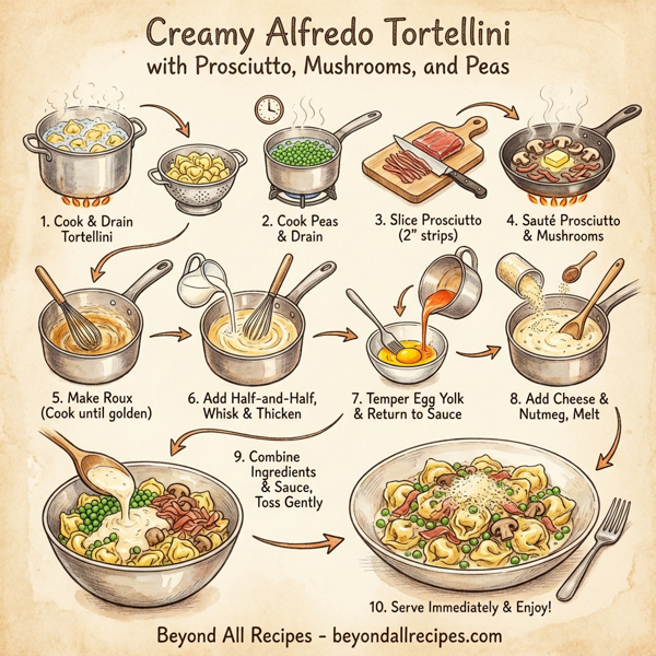 Creamy Alfredo Tortellini with Prosciutto, Mushrooms, and Peas instructions