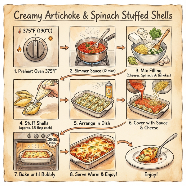 Creamy Artichoke & Spinach Stuffed Shells with Feta and Provolone instructions