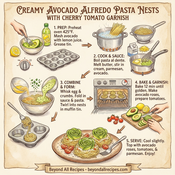 Creamy Avocado Alfredo Pasta Nests with Cherry Tomato Garnish instructions