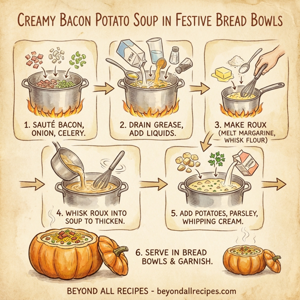 Creamy Bacon Potato Soup in Festive Bread Bowls instructions