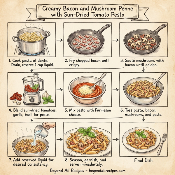 Creamy Bacon and Mushroom Penne with Sun-Dried Tomato Pesto instructions