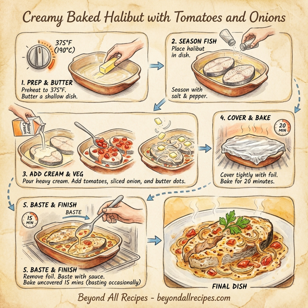 Creamy Baked Halibut with Tomatoes and Onions instructions