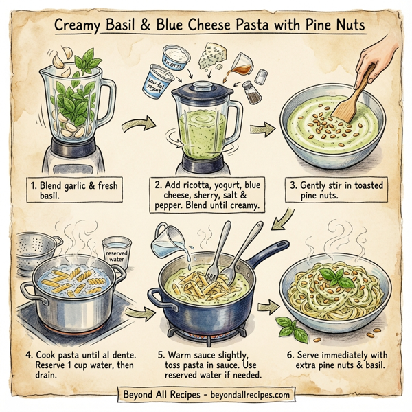 Creamy Basil & Blue Cheese Pasta with Pine Nuts instructions