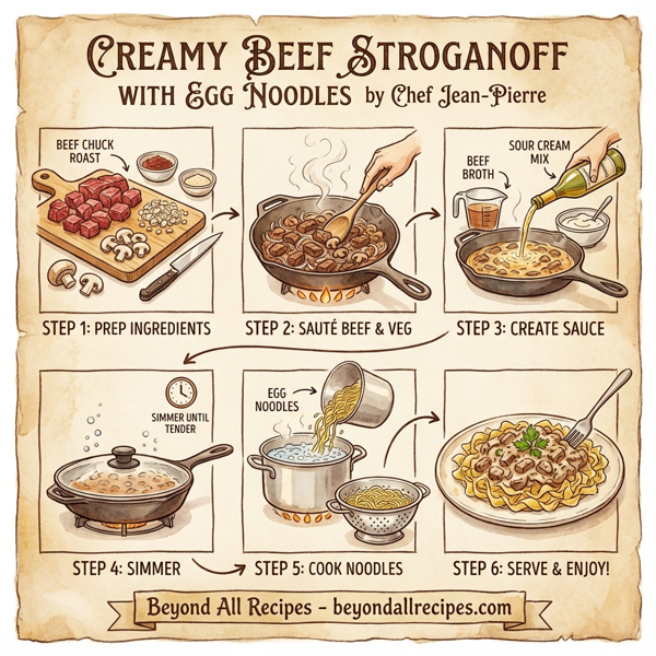 Creamy Beef Stroganoff with Egg Noodles by Chef Jean-Pierre instructions