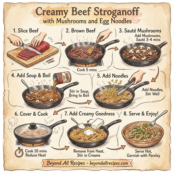 Creamy Beef Stroganoff with Mushrooms and Egg Noodles instructions