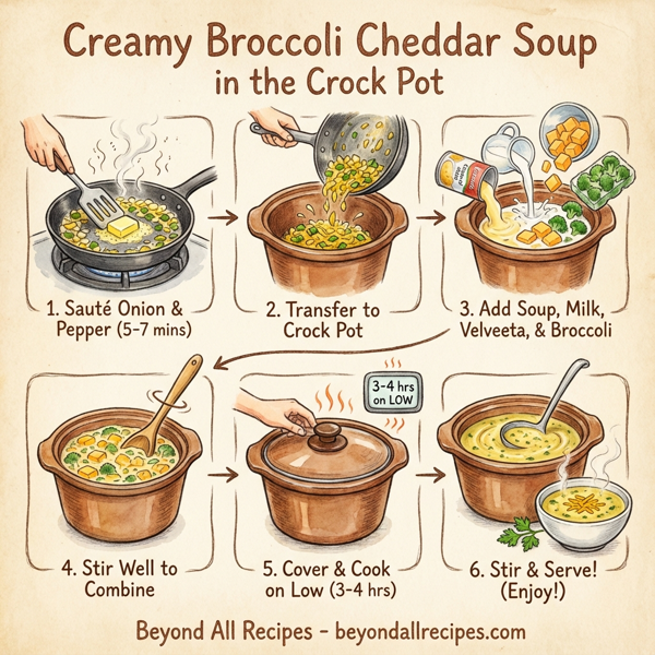 Creamy Broccoli Cheddar Soup in the Crock Pot instructions