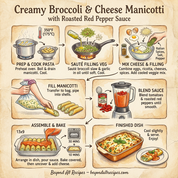 Creamy Broccoli & Cheese Manicotti with Roasted Red Pepper Sauce instructions