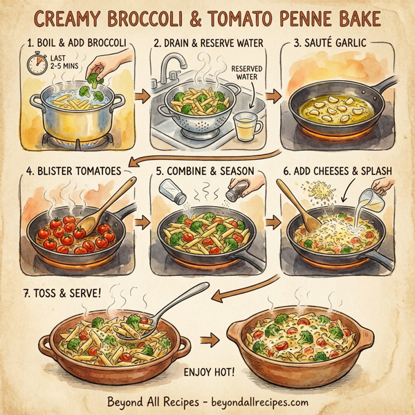 Creamy Broccoli and Tomato Penne Bake instructions