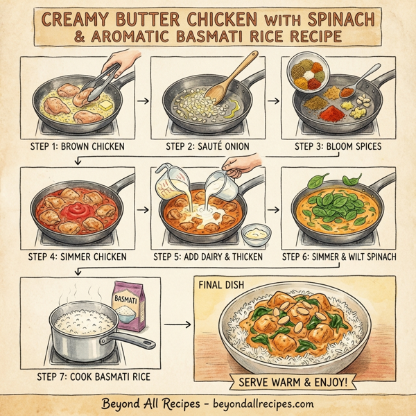Creamy Butter Chicken with Spinach and Aromatic Basmati Rice instructions