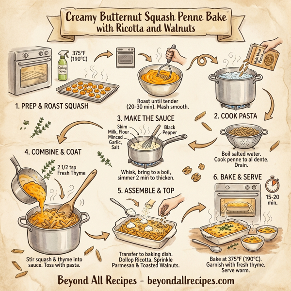Creamy Butternut Squash Penne Bake with Ricotta and Walnuts instructions