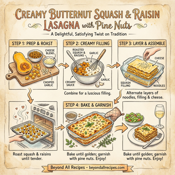 Creamy Butternut Squash & Raisin Lasagna with Pine Nuts instructions