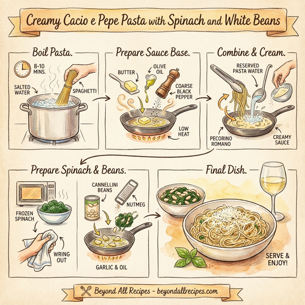Creamy Cacio e Pepe Pasta with Spinach and White Beans instructions