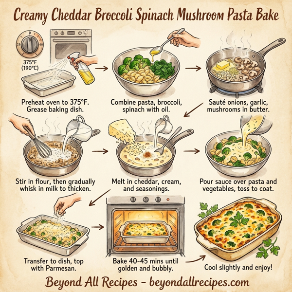 Creamy Cheddar Broccoli Spinach Mushroom Pasta Bake instructions