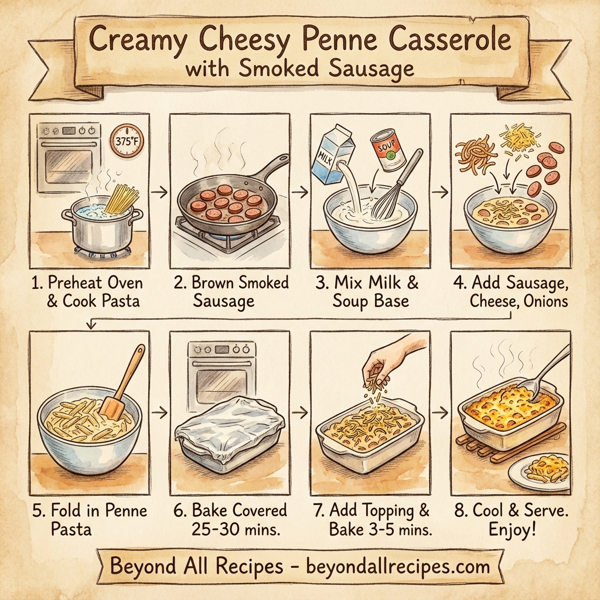 Creamy Cheesy Penne Casserole with Smoked Sausage instructions