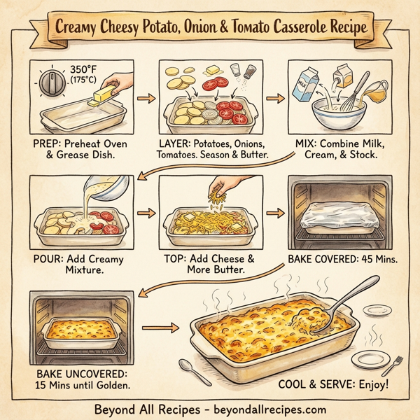 Creamy Cheesy Potato, Onion & Tomato Casserole instructions