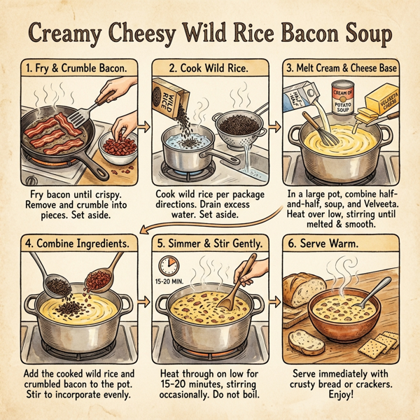 Creamy Cheesy Wild Rice Bacon Soup instructions