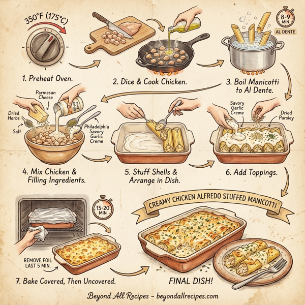 Creamy Chicken Alfredo Stuffed Manicotti instructions