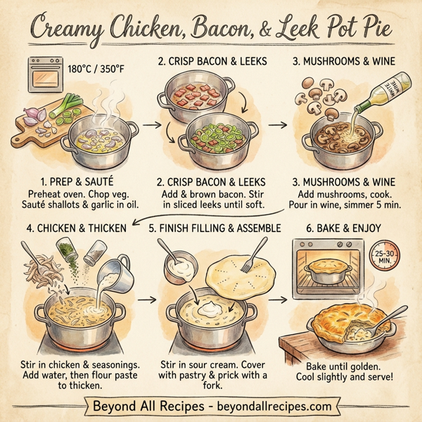 Creamy Chicken, Bacon, and Leek Pot Pie with Puff Pastry instructions