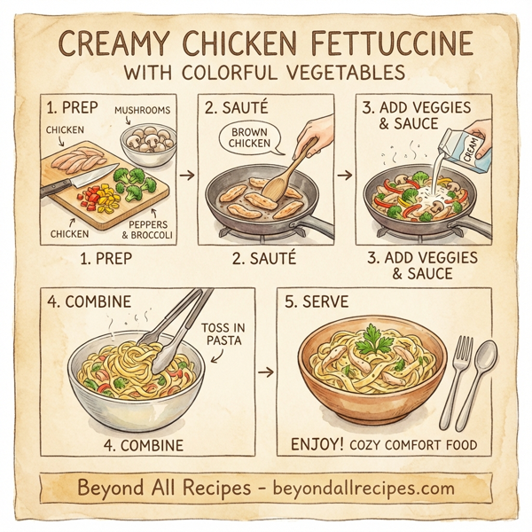 Creamy Chicken Fettuccine with Colorful Vegetables instructions