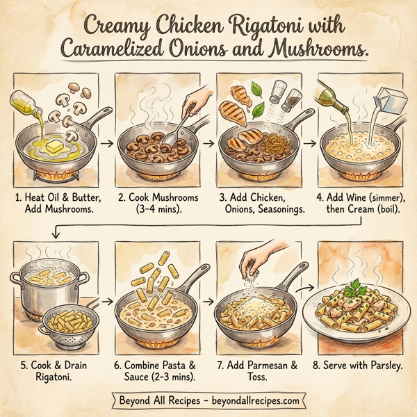 Creamy Chicken Rigatoni with Caramelized Onions and Mushrooms instructions