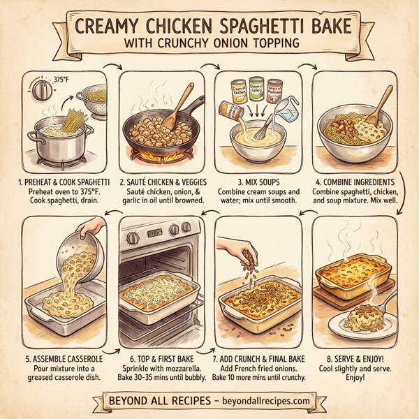 Creamy Chicken Spaghetti Bake with Crunchy Onion Topping instructions