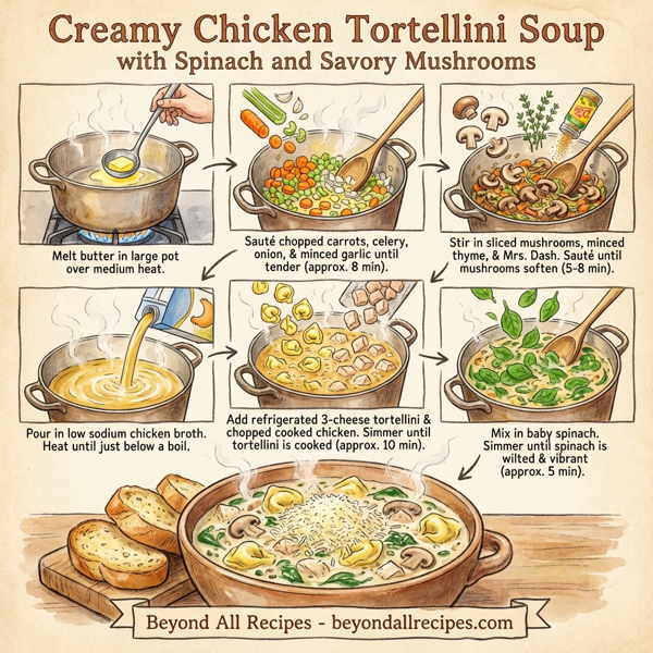 Creamy Chicken Tortellini Soup with Spinach and Savory Mushrooms instructions