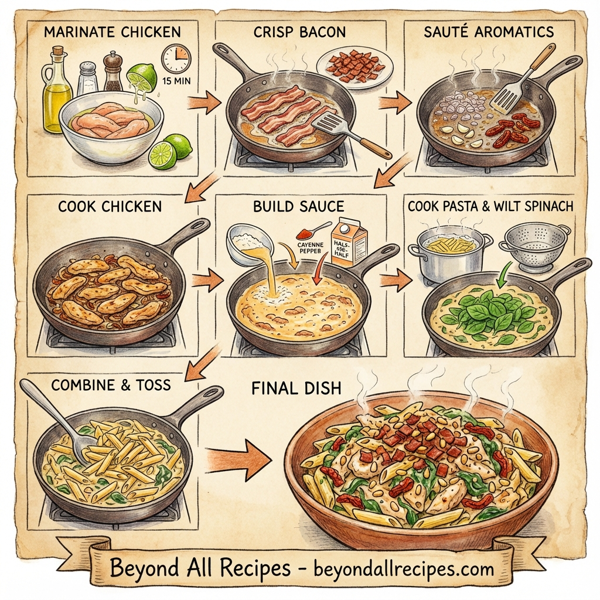 Creamy Chicken and Spinach Penne with Crispy Bacon and Toasted Pine Nuts instructions