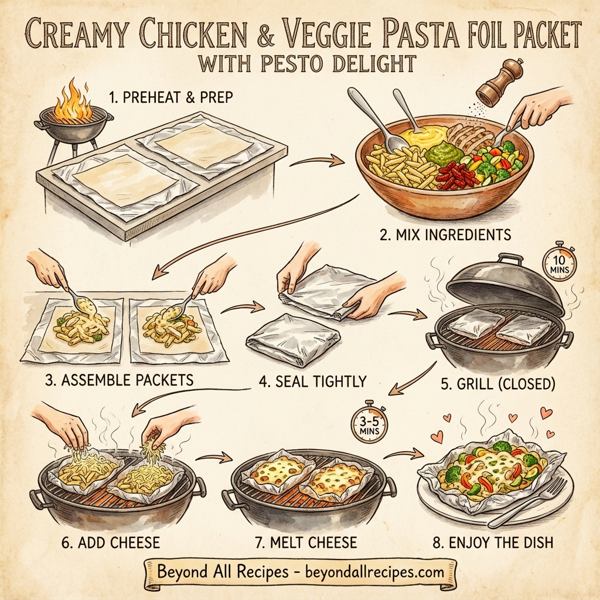 Creamy Chicken and Veggie Pasta Foil Packet with Pesto Delight instructions